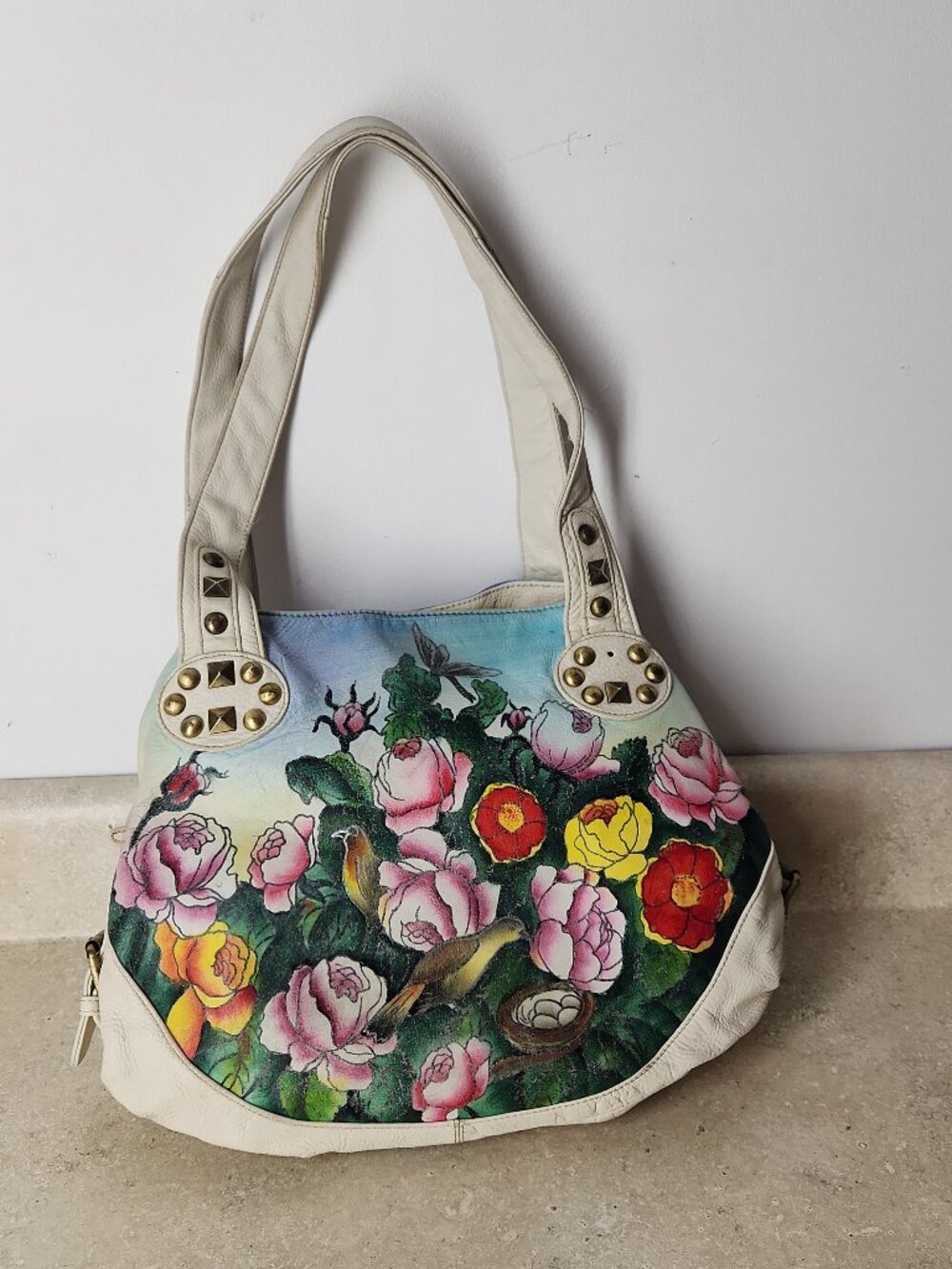 Original by Sharif leather shoulder bag floral birds dragonfly wearable art tote